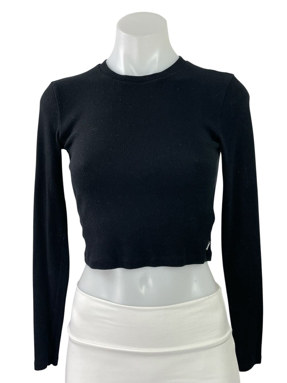 Aritzia TNA Women's Black Ribbed Knit Crew Neck Long Sleeve Crop Top Size S